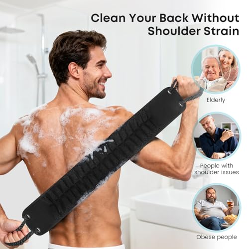 Back Scrubber with Handles for Shower, 40 Inches Dual-Sided Back Washer with Exfoliating Texture and Loofah for Men, Women and Elderly, Bath Back Exfoliator Body Cleaner for Deep Cleansing