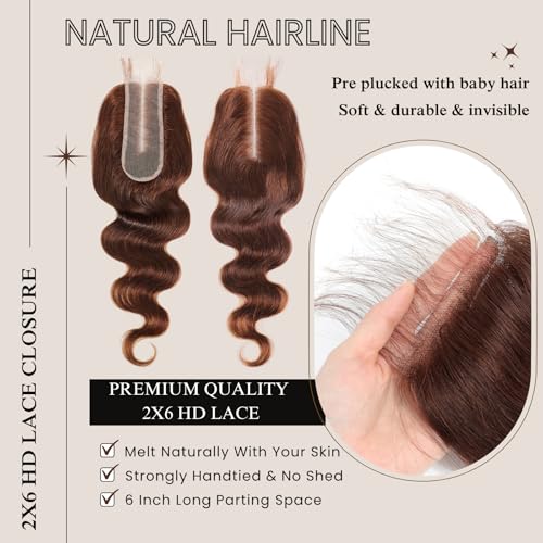 ALHER #4 Chocolate Brown Bundles with 2x6 Long Deep Part Closure 18 20 22+18 IN, Dark Brown Colored 12A 100% Unprocessed Virgin Remy Hair Soft Thick Bundles with Closure