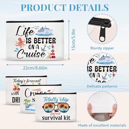 Cruise Ship Makeup Bag - 4Pcs Cruise Ship Essentials Survival Kit Canvas Cosmetic Bags Organizer Portable Beach Accessories with Zipper Pouch Travel Bags Cruise Gifts for Girls Women Sister