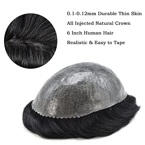 All Poly Mens Toupee 100% Human Hair System Thin Skin PU Injection Toupee for Men Black Brown Blonde Gray Hair Wig Units 8X10"-120% density #1 Jet Black