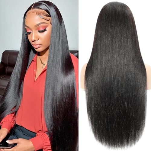 13x6 Straight Lace Front Wigs Human Hair 230% Density 28 Inch HD Transparent Lace Frontal Human Hair Wig for Women Natural Black Color