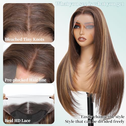 13x4 HD Lace Front Wig Honey Blonde 26 Inch Synthetic Straight Hair with Sunkissed Highlights Pre Plucked Glueless Wig for Black Women