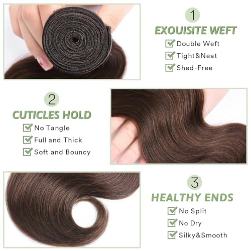 Brown Human Hair Bundles Body Wave 24 26 28 inch 100% Unprocessed Brazilian Virgin Hair Extensions 12A Quick Weave Bundles Human Hair Double Weft #4 Chocolate Brown