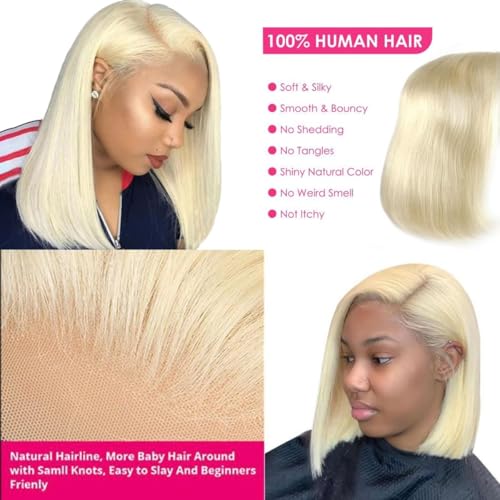 Blonde Bob Wig Human Hair 180% Density 613 Straight 10 Inch Short Bob Wigs 13x6 HD Transparent Lace Front Wig Human Hair Pre Plucked With Baby Hair Glueless 613 Blonde Lace Frontal Wigs For Women