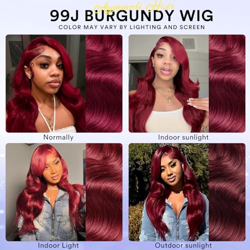 30 Inch 99j Burgundy Lace Front Wigs Human Hair 13x4 HD Red Burgundy Body Wave Wig Human Hair 200 Density Body Wave Lace Front Wigs Human hair Pre Plucked Glueless Frontal Wigs Human Hair for Women