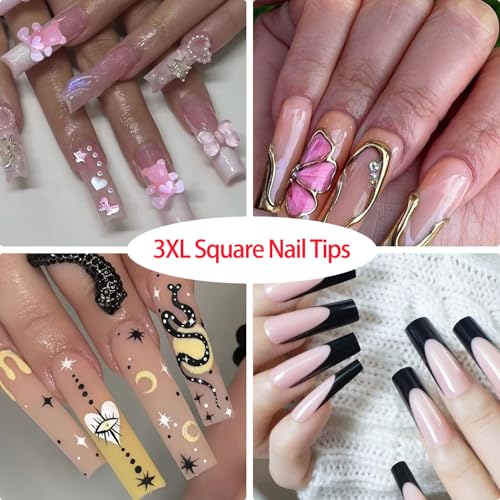 504 Pcs No C Curve Square Nail Tips, XXXL Half Cover Clear Nails Tips for Acrylic Nails, 3XL Straight Tapered Square Flattened Fake Nail Tips for Nail Salons and DIY 12 Sizes