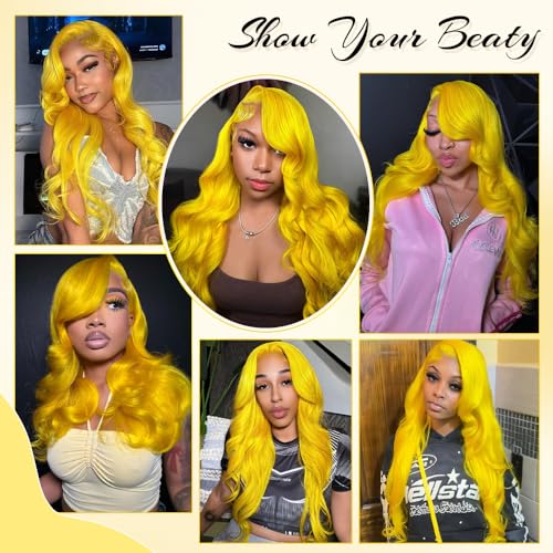 Yellow Lace Front Wig Human Hair 200 Density 13x4 Body Wave Lace Front Wigs Human Hair Pre Plucked Yellow Colored Blonde Wig Human Hair Glueless Wigs 32 Inch