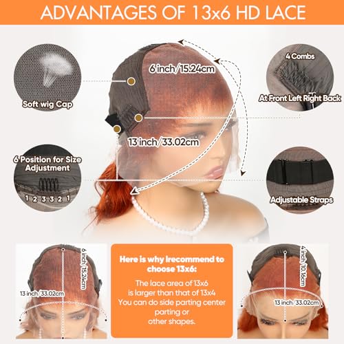 Ginger Lace Front Wigs Human Hair, 13x6 HD Body Wave Ginger Lace Frontal Wigs Human Hair Pre Plucked with Baby Hair,180 Density Glueless 350 Colored Wigs Orange Wig Human Hair for Women 28inch