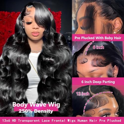 sterly 28 Inch 13x6 Lace Front Wigs Human Hair 250% Density HD Body Wave Lace Front Wigs Pre Plucked Wigs Human Hair for Women Gluless Wigs with Baby Hair #1 Jet Black
