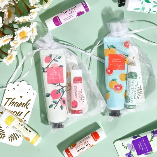 AZEN 24 Sets Bulk Gifts, Hand Cream and Lip Balm Bulk Set with Organza Bag Thank You Card, Baby Shower Wedding Gifts for Guests, Bridal Wedding Favors for Guests, Thank You Gifts for Women