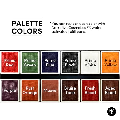 Narrative Cosmetics FX 12-Color Palette - Water-Activated Face & Body Paint for SFX, Theater, Cosplay - High-Pigment, Blendable SFX Makeup, Easy-to-Use for Film & TV