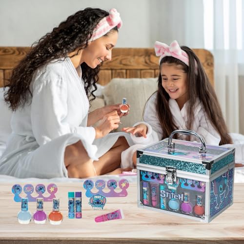 Stitch Train Case Beauty Set, Kids Makeup Kit for Girls, Real Washable Makeup Set, Play Makeup, Party Favor, Birthday, Ages 3 4 5 6 7 8 9 10 11 12 by Townley Girl