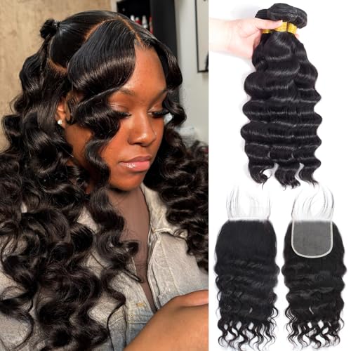Loose Wave Bundles Human Hair with 5x5 Closure, (14 16 18+12) 12A 100% Real Human Hair Loose Deep Wave Bundles with Closure 5x5 Natural Color Unprocessed Brazilian Virgin Human Hair Extension