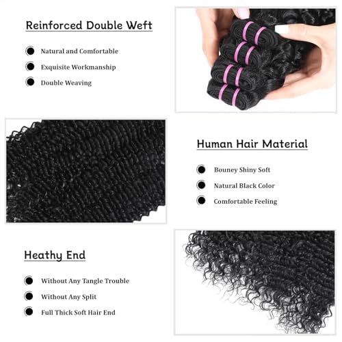 15A Raw Human Hair Bundles Deep Wave Bundles Human Hair,Triple Lifespan Indian Virgin Hair,No Tangle Shedding,Multiple Washes Keep Texture Silky Soft 4 Bundle Natural Black, 14 16 18 20