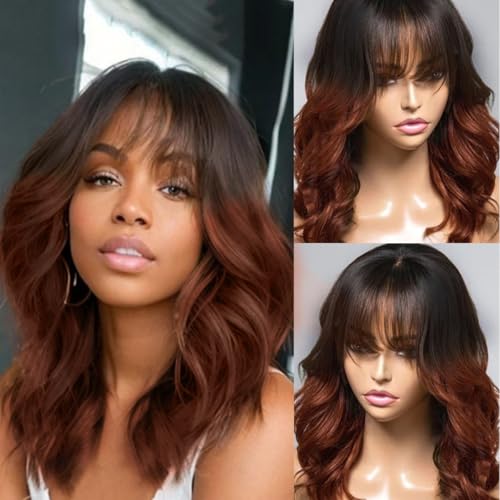 1b30 Ombre Brown Layered Cut Wavy Human Hair Wig With Bangs 13X6 HD Invisible Lace Front Wig Pre Plucked For Women Glueless Wig Brazilian Remy Hair With Baby Hair 150% Density 14 Inches