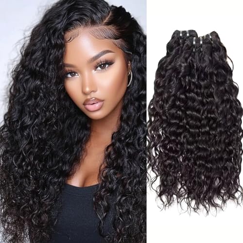 Water Wave Human Hair Bundles 16 18 20 Inch 12A Wet and Wavy Bundles Human Hair 100% Unprocessed Brazilian Virgin Hair Water Wave Curly Weave Extensions Natural Black