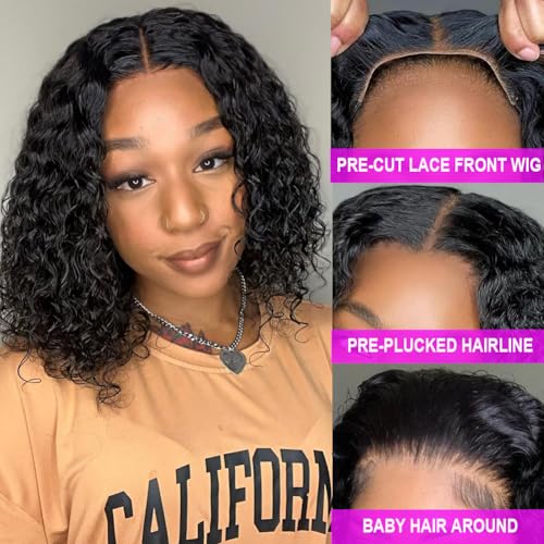 Curly Bob Wigs Human Hair 10 Inch Pre Plucked Pre Cut 5x5 HD Lace Closure Wigs for Black Women Wear and Go Glueless Wig Bob Hair Deep Wave Lace Front Short Curly Wigs 180 Density Natural Black