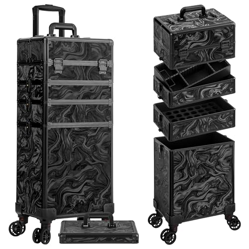 Profesional Rolling Makeup Train Case with Lid, 5 in 1 Cosmetology Case on Wheels, Large Cosmetic Trolley Organizer Travel for Hairstylist Artist Nail Beauty Salon Barber, Black Ink