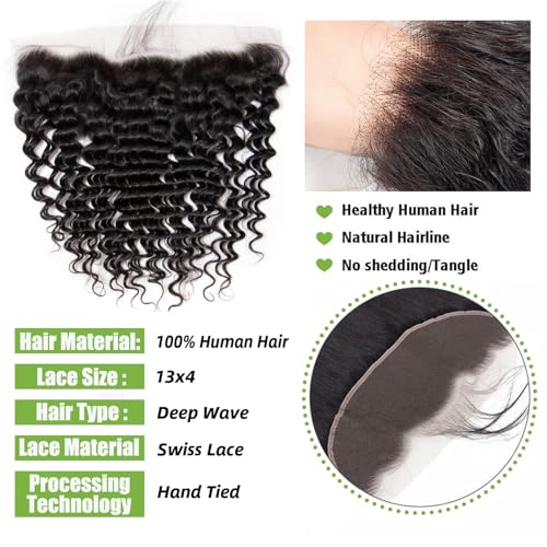 13x4 HD Lace Frontal Closure 12 Inch Deep Wave Lace Frontal Human Hair 100% Unprocessed Brazilian Virgin Hair Ear to Ear Swiss HD Transparent Lace Closure Culry Pre Plucked Free Part Natural Black