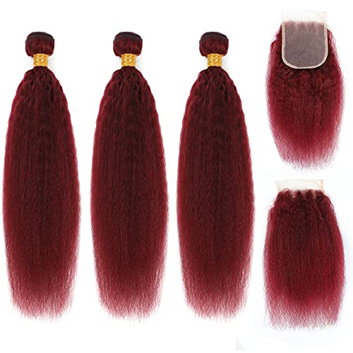 99j Brazilian Yaki Straight Human Hair 4 Bundles Yaki Human Hair Bundles 100% Virgin Kinky Straight Virgin Hair Extensions Women Girl Black Red (20 22 24)