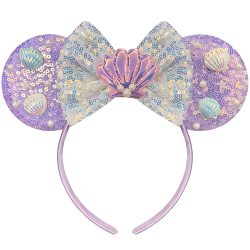Trnerm Mermaid Mouse Ears Headband, Sequin Park Ears with Bows, Mermaid Birthday Party Supplies