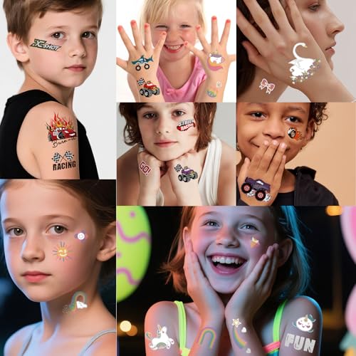 193pcs Unicorn & Truck Wheels 2 in 1 Kit Waterproof Temporary Tattoos Groovy Fake Tattoo for Kids Birthday Party Decoration, Star Smiley Rainbow Racing Car Flag Trophy Tattoo Stickers for Boys Girls