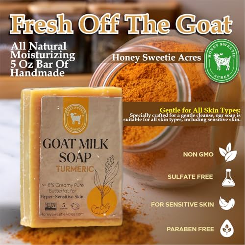 Honey Sweetie Acres Turmeric Goat Milk Soap - Handmade 5 oz Bar, Made with Natural Ingredients, Moisturizing & Gentle, Made in the USA
