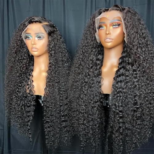 Oxcart Deep Wave Lace Front Wigs Human Hair 28 Inch 200 Density 13x6 HD Lace Frontal Wigs Pre Plucked Glueless Brazilian Virgin Human Wig with Baby Hair Deep Wave Wigs for Women Natural Black