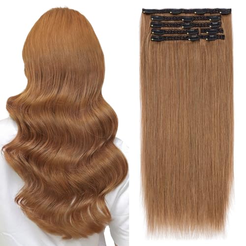 Elailite Clip in Hair Extensions Real Human Hair, Remy Hairpieces for Women, 7PCS Lace Weft Full Head, 22 Inch 130g Light Brown