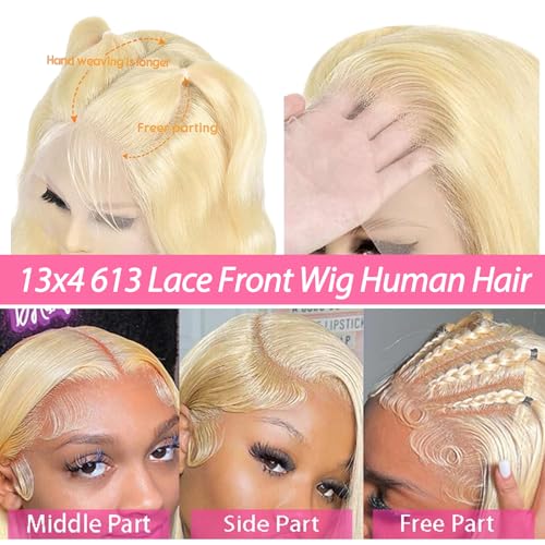 13x4 Lace Front Wig Human Hair 28 Inch Body Wave Blonde Wig, Heat Resistant, Lace Front, Natural, Wavy, Contemporary, Female, Wig, Wigs