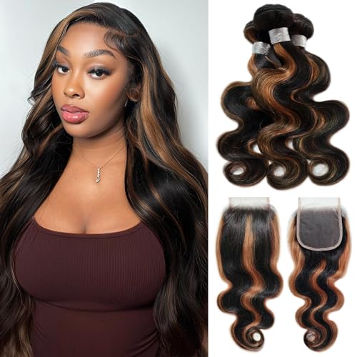 P1B/30 Ombre Brown Highlight Body Wave Bundles with 4x4 HD Lace Closure 20 22 24+20inch 12A Brazilian Human Hair Pre Plucked Natural Black to Blonde Bundles