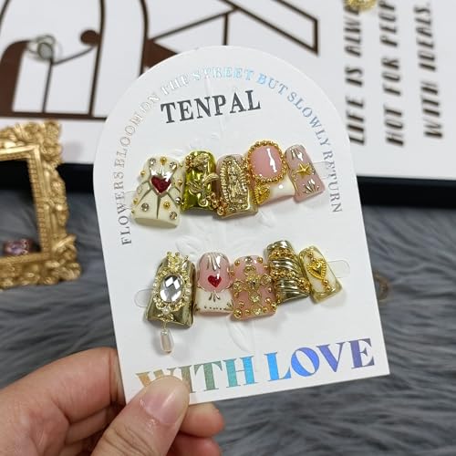 10Pcs Ballerina Press On Nails With Tools,Egyptian Palace Relief Glue on Nails with Gold Cross & Pearls,Handmade 3D Saint Charms Fake Nail Kits, Vintage Epic Acrylic Coffin Duckbill Nails(L)