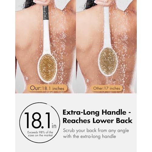Back Scrubber Anti Slip for Shower: 18.1'' Long Handle Bath Brush with Stiff and Soft Bristles Body Exfoliator Wet or Dry Brushing for Women, Men, Elderly (Charcoal Gray)