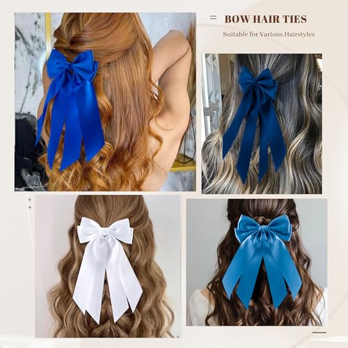 6Pcs Bow Hair Ties Non-Damage Ponytail Holders Hair Bows Ribbon for Women Fashion Bows Accessories for Girls Elastic Hair Bands(White/Blue/Black)