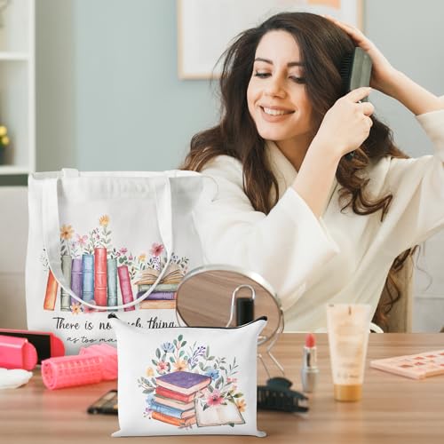 Y1tvei Aesthetic Canvas Tote Bag - 2Pcs Colorful Reading Canvas Cosmetic Bag Set There Is No Such Thing As Too Many Books Tote Bag Makeup Reusable Grocery Bags Black to School Gift for Women Girls