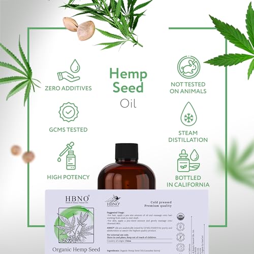 HBNO Organic Hemp Seed Oil -16 OZ (475ml) Value Size - Natural Hemp Oil, Cold Pressed - Perfect Carrier for Massage, Aromatherapy, Diy, Soap Making, Face, Body, Lips, Hair, Nails