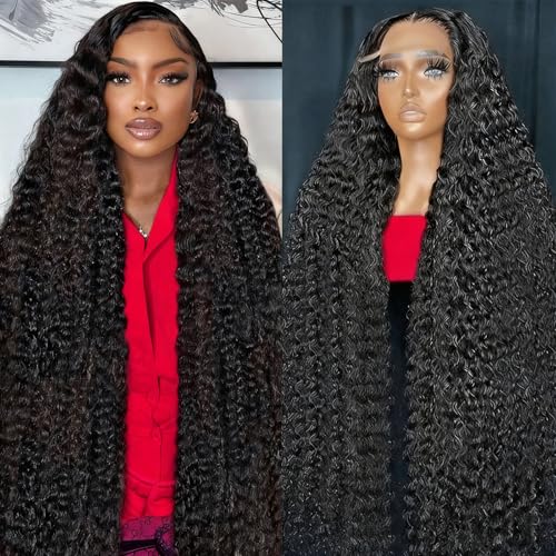 13x6 Deep Wave Lace Front Wigs Human Hair 200 Density 28 Inch Curly Wig 13x6 HD Lace Front Wigs Human Hair Glueless Wigs Human Hair Pre Plucked for Black Women Natural Color