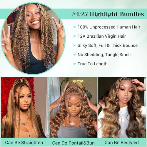 P4/27 Water Wave Bundles Human Hair 20 22 24 Inch Brown and Honey Blonde Highlight Wet and Wavy Human Hair Bundles 100% Unprocessed Brazilian Virgin Weave 3 Bundles Human Hair Extensions for Women