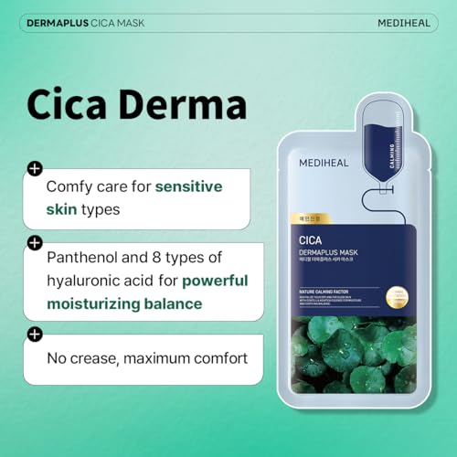 Mediheal Dermaplus Cica Mask (10 Counts) - Daily Vegan Mask for Calming Skin with Panthenol & Hyaluron, Korean Self Skin Care Sheet Mask