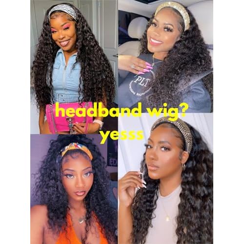 28inch Water Wave Headband Wig Human Hair Curly Drawstring Headband Wigs Human Hair Wear and Go Glueless Wigs for Black Women 220 Density None Lace Front Wigs Natural Color