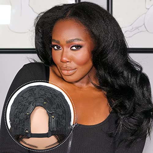 Urbeauty U Part Wig Human Hair Kinky Straight Human Hair Wigs, 22 inch Half Wig Italian Upart Human Hair Wigs for Black Women Upgraded U Shape Clip in Wigs Yaki Straight
