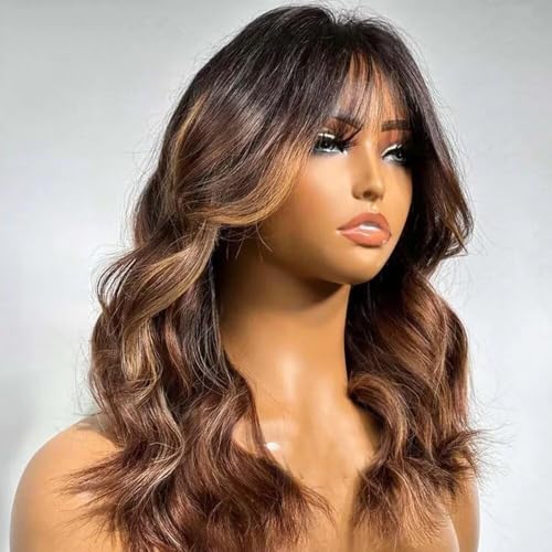 Mixed Colored 1B/30 Higjhlight 27 Ombre Brown and Honey Blonde Layered Cut Wavy Human Hair Wig with Bangs 13X6 HD Lace Front Bleached Knots Loose Wave Bangs Wig 150 Density 14 Inch