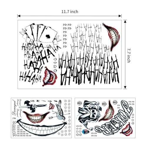 3 Sheets Joker Tattoos, Large-Size Halloween Temp Tattoo for Men, Realistic Waterproof Last-Long Fake Stickers for Suicide Squad Clown HQ Costume Cosplay Party Accessories Masquerade Makeup