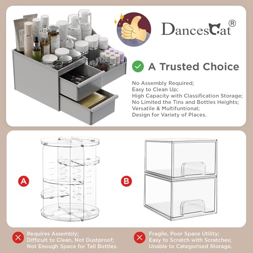 Grey&2 Drawers Makeup Organizer Countertop, Vanity Organizer with 7 Compartments and 2 Drawers for Cosmetics, Skincare, Brushes, Perfume, Bathroom Counter Organizer