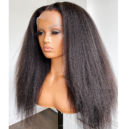 Kinky Straight 360 Wigs Transparent HD Lace Front Wig Brazilian Human Hair 150% Density Pre Plucked Glueless Invisible 360 Lace Frontal Wigs for Black Women with Baby Hair Natural Color 16 Inch