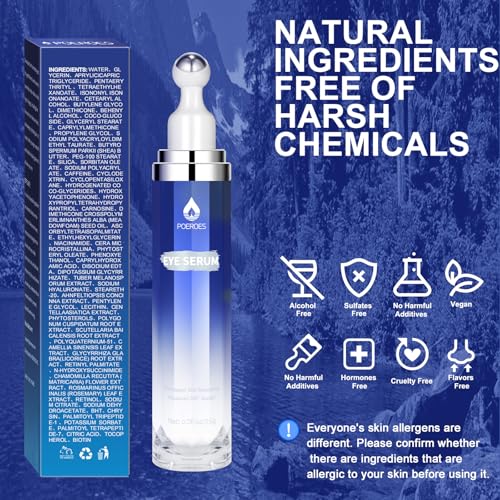 Eye Serum with 8% Caffeine 8% Retinol Hyaluronic Acid Niacinamide peptides for Puffy Bags Fine Lines Dark Circles Wrinkles, Under Eye Cream with 360¡Æ Roller Massage Ball, 0.5 fl. oz