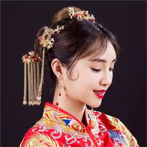 Women Gold Butterfly Hair Comb Traditional Chinese Wedding Headdress Accessories Red Pearl Stick Head Jewelry Bridal Headpiece