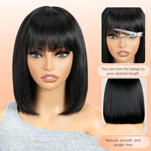 Black Bob Wigs Human Hair Short Wig with Bangs Straight Wigs Human Hair Glueless Wear and Go 150% Density Wigs for Women Daily Use 14 Inch