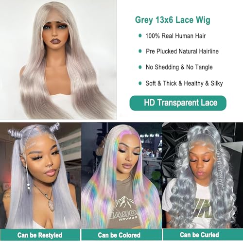 Munx Human Hair Lace Front Wig for Black Women 180% Density Thick 13x6 HD Transparent Glueless Wigs Wear and Go Silver Grey Real Human Hair Straight Pre Plucked Lace Front Wigs 22"
