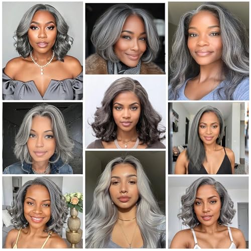 Grey Body Wave Bundles Human Hair 12 14 16 inch Salt and Pepper Human Hair Bundles 100% Unprocessed Virgin Human Hair Weave Extensions Natural Gray-White